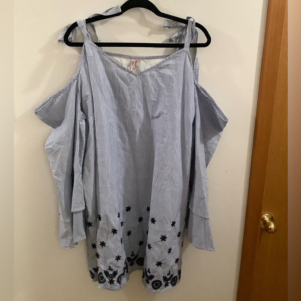 Star Style Striped Blue Cold Shoulder Blouse